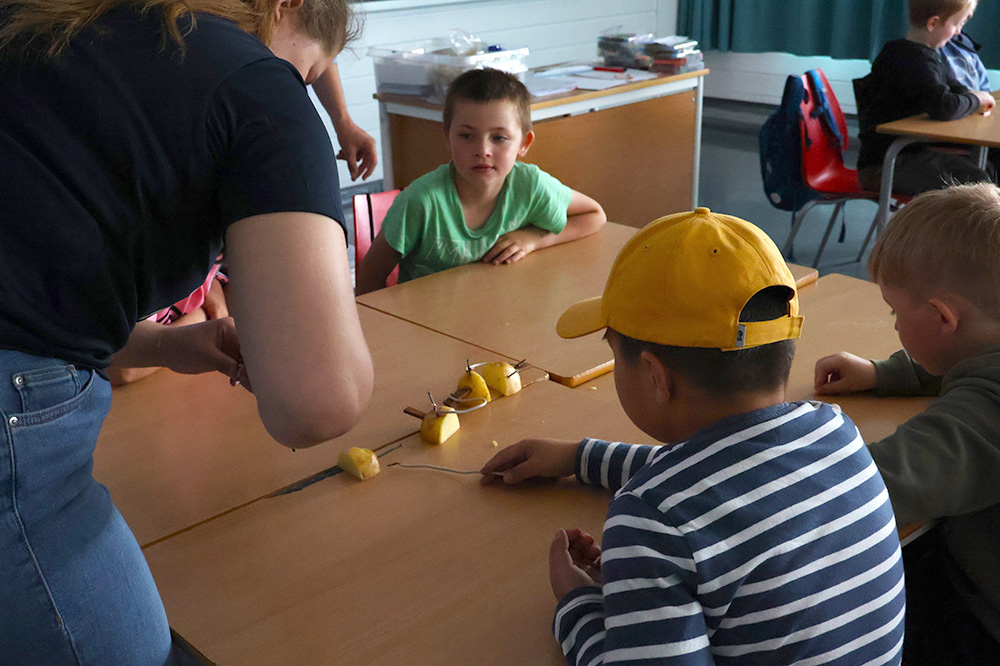Barn ser fokusert på instruktøren som lærer dei å lage straum frå rå potet. Foto.