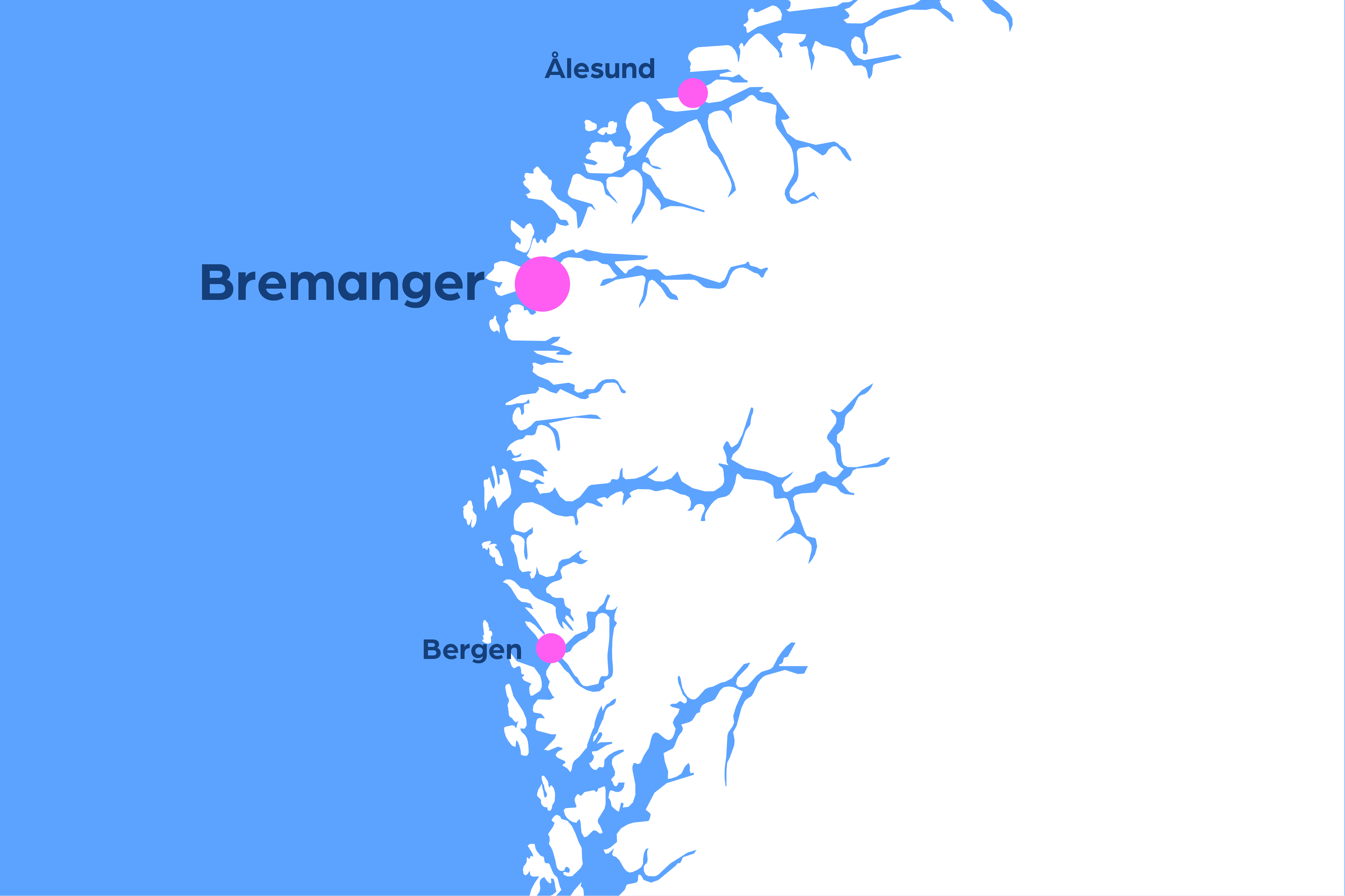 Kart som viser at Bremanger ligg omtrent midt mellom Ålesund og Bergen. Kartet er grafisk framstilt og viser omrisset av kystlinja og fjordane på vestlandet.