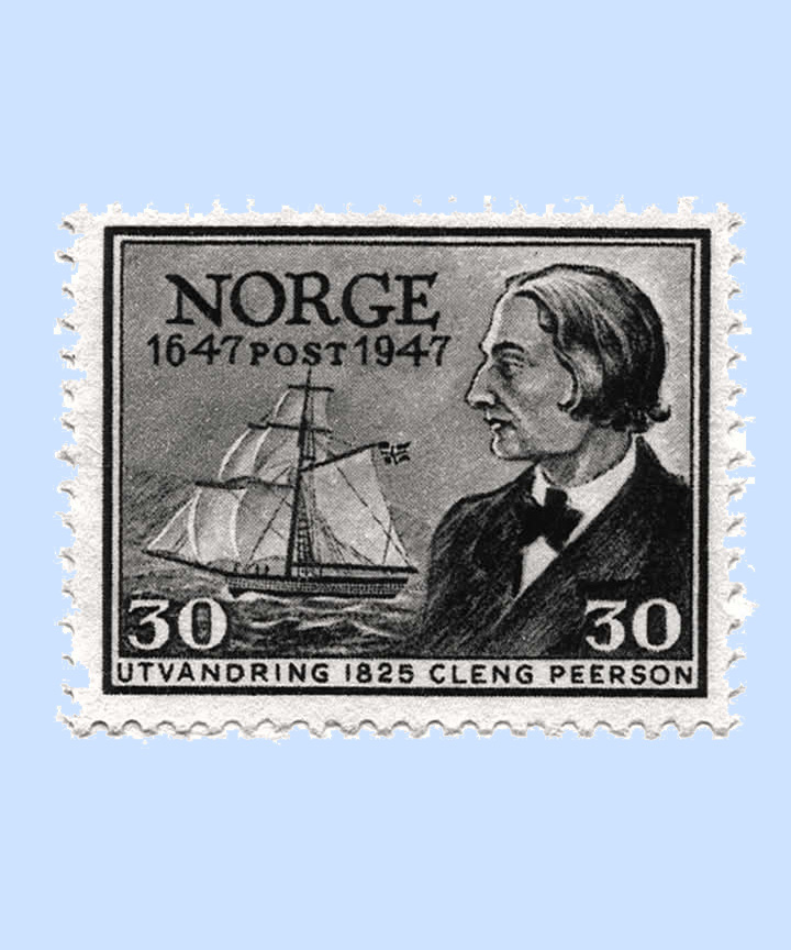Kvekaren Cleng Peerson på eit norsk frimerke frå 1947.