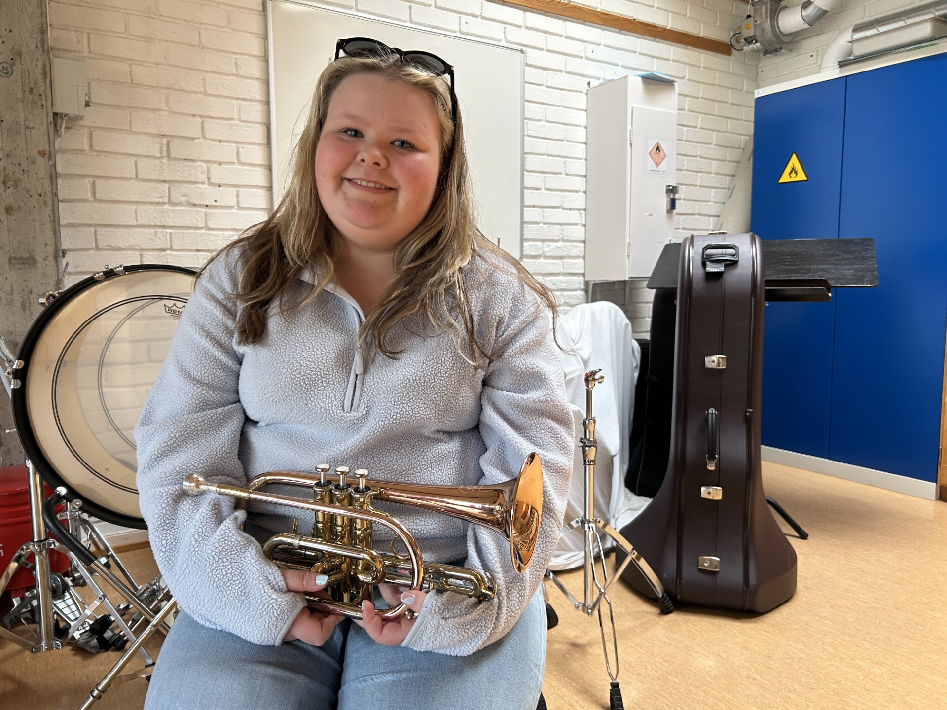 Iselin Flansås Kjøsnes spelar kornett i skulemusikken.